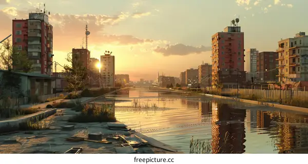 Post-Apocalyptic City Sunset Reflection