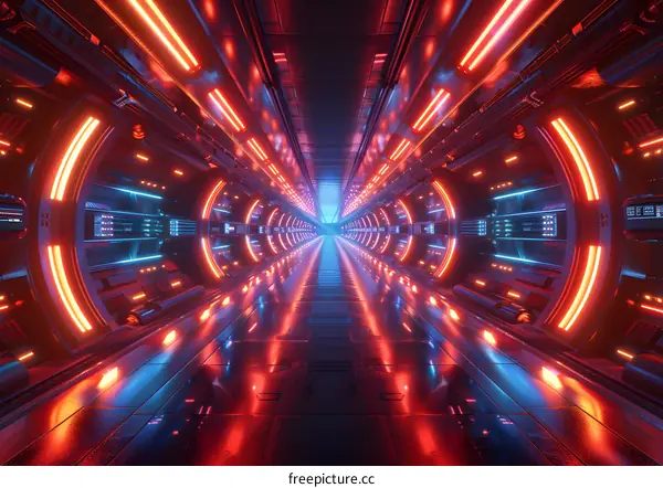 Neon Lights Corridor In Futuristic Spacecraft