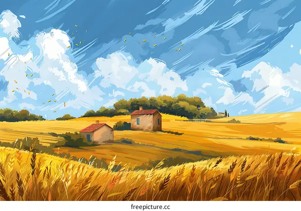 Summer Landscape with Two Houses and Wheat Field