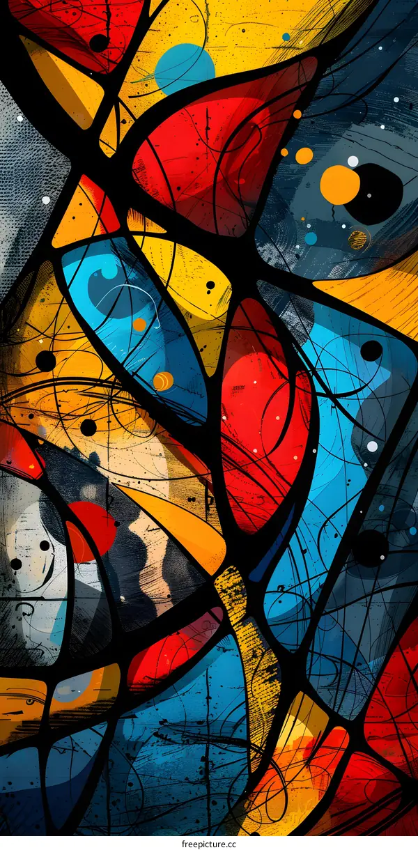 Abstract painting with geometric shapes, bright colors
