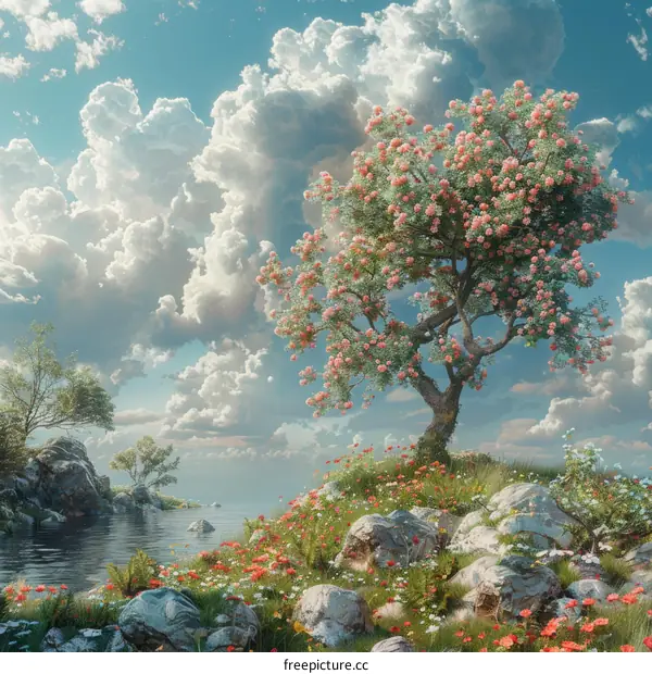 Blooming Tree on a Rocky Shore with a Blue Sky and White Clouds