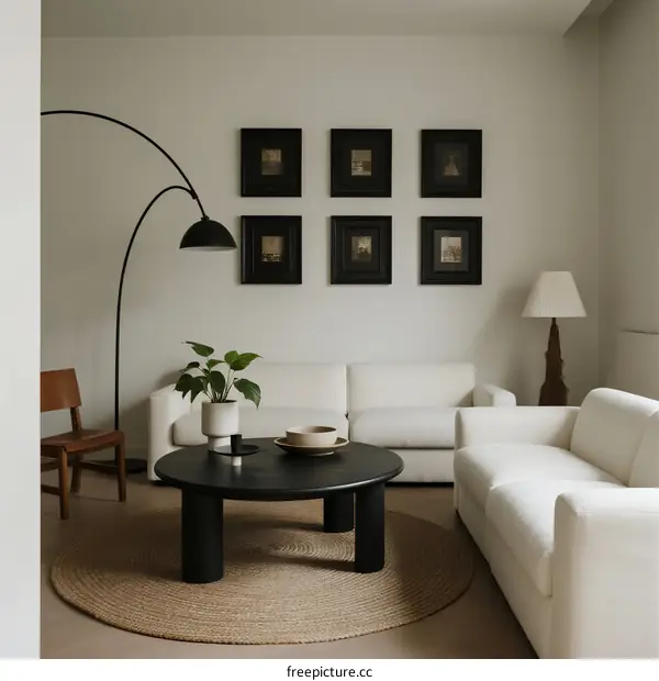 Minimalist living room with white sofas and framed wall art