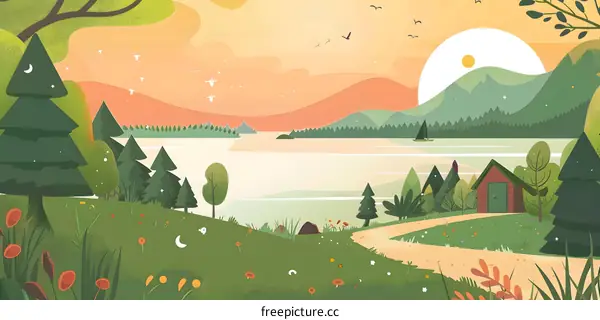 Illustrated Landscape with a Cabin by the Lake
