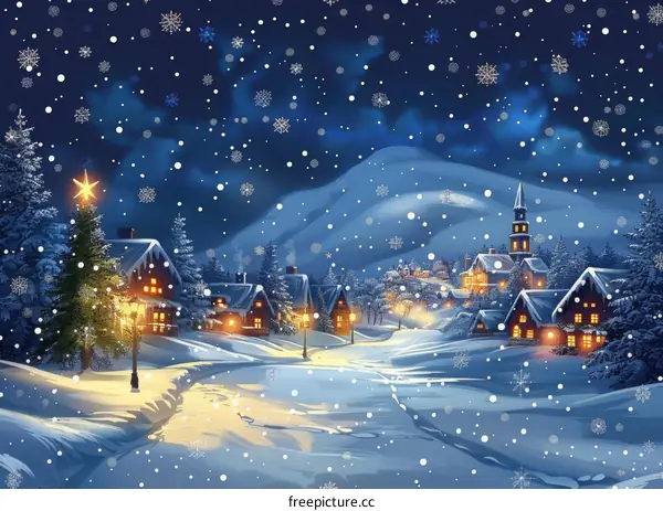 Silent Night City Street With Snowy Houses and Lights