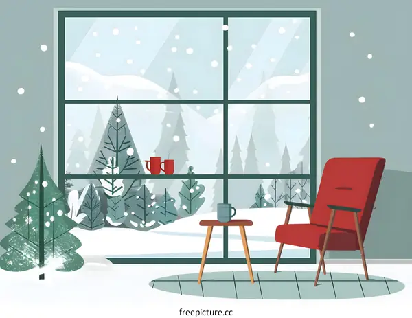 Winter View from a Window with a Red Armchair
