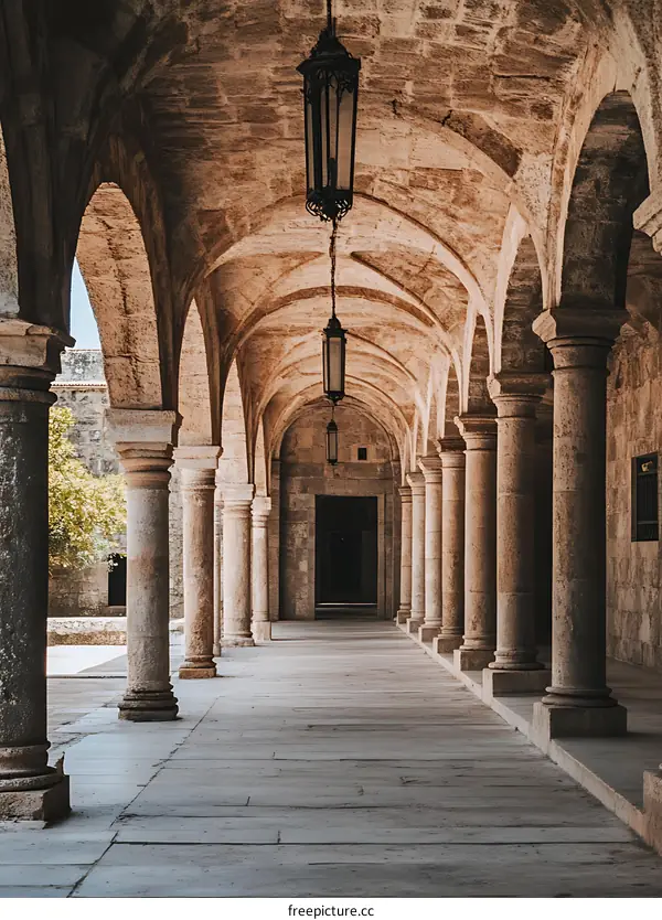 Stone Columns and Arched Ceiling in a Courtyard