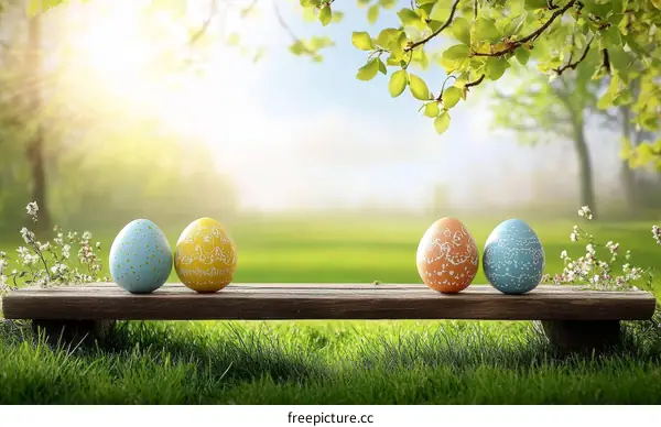 Easter Eggs on a Wooden Bench in a Spring Meadow