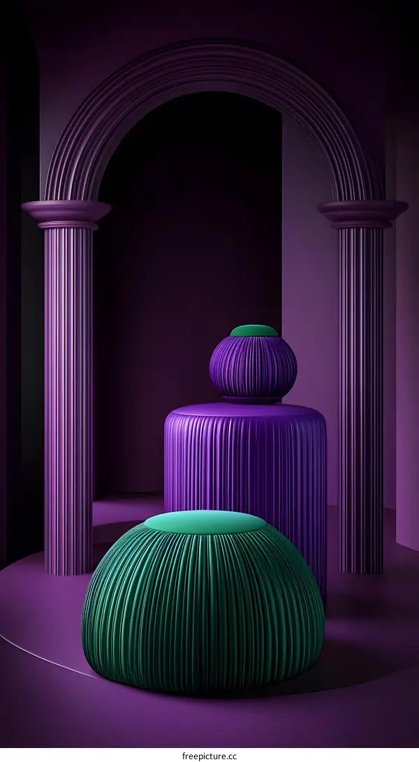 Purple and Green 3D Rendered Abstract Geometric Shapes Under an Archway