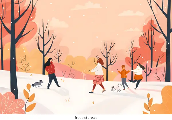 Winter Walk with Friends and Dogs in Park Illustration