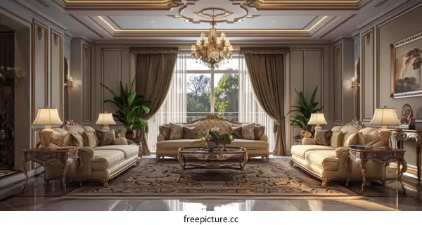Luxury Living Room Interior Design with Ornate Furniture and Golden Accents