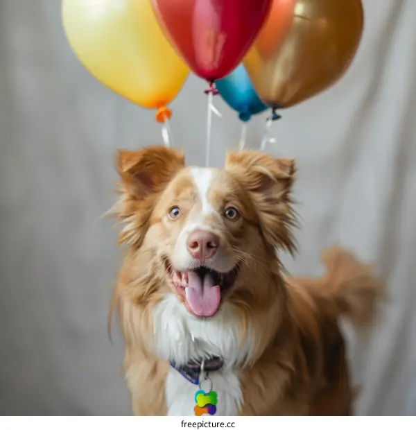 A cheerful dog with colorful balloons