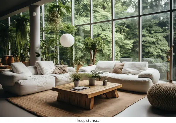 Indoor living room with large windows overlooking a lush green forest