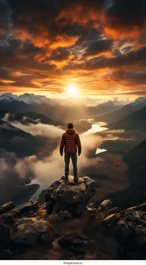 Man standing on a rock looking at a beautiful sunset over a mountain range