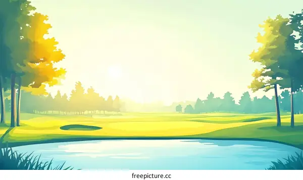 Sunrise over a golf course landscape illustration