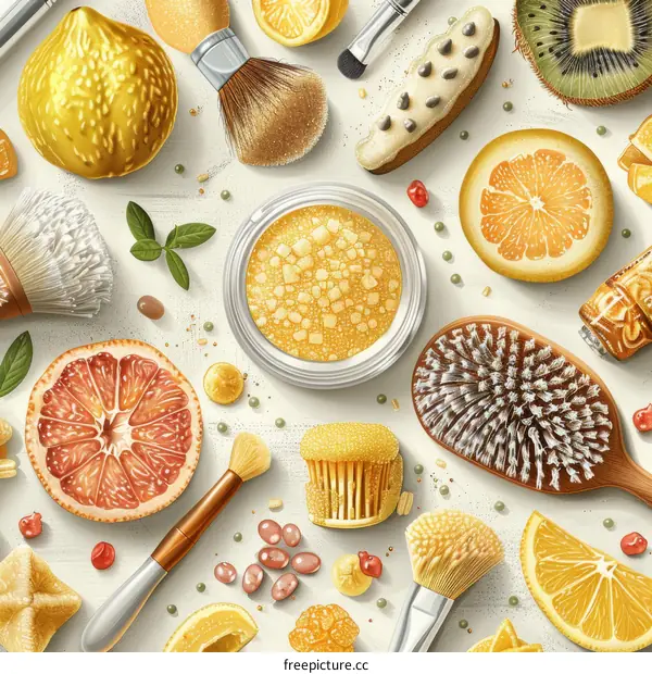 Still life of various fruits and beauty products