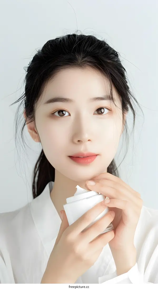 Beautiful Asian Woman Applying Facial Cream
