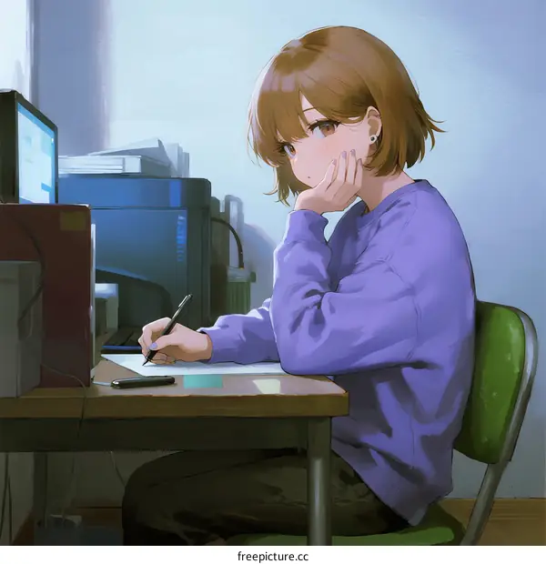 A young woman sitting at desk with pen and paper in office