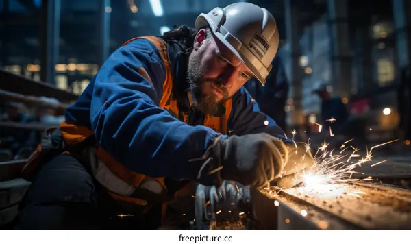 Bearded man in hardhat and protective gear working with sparks flying