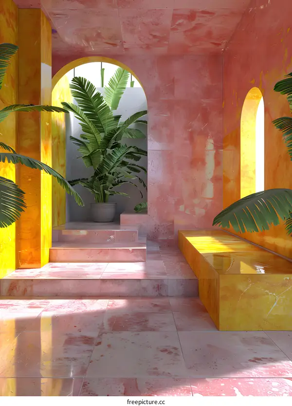 Minimalist 3D Rendering of Interior Design with Arches and Plants