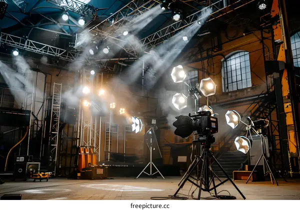 Camera and Lights Setup on Stage in Industrial Building
