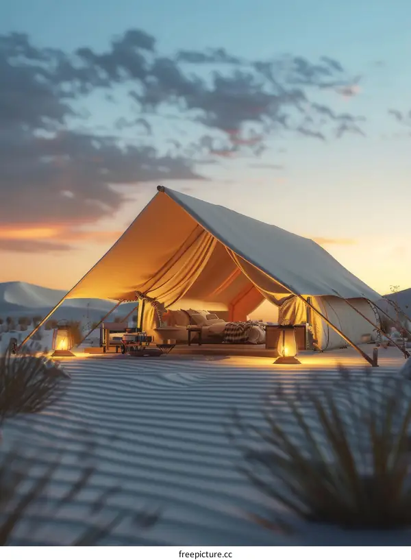 Glamping Tent Amidst Serene Desert Landscape at Dusk