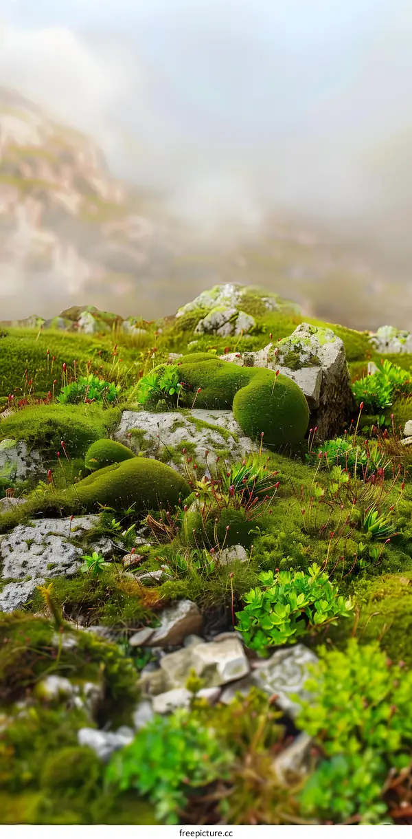 Green Moss Covered Rocks in a Foggy Mountain Landscape
