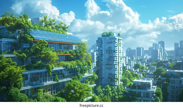 Green City Buildings with Solar Panels and Rooftop Gardens