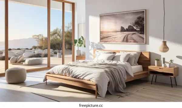 Modern bedroom interior design with large glass windows and a view of the ocean