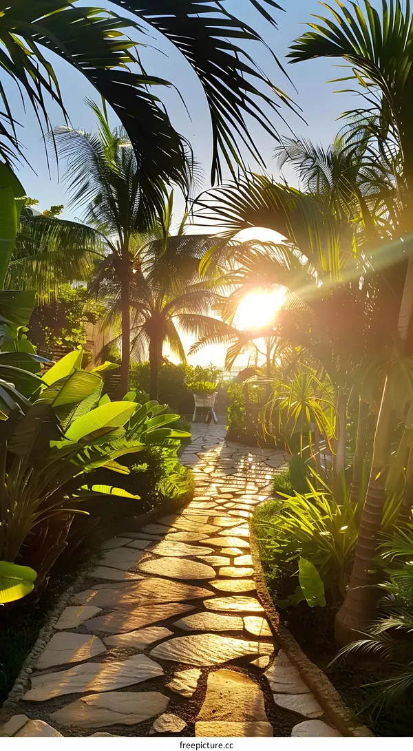 The stone path in the tropical garden is surrounded by lush green plants and palm trees, and the sunlight shines through the leaves.