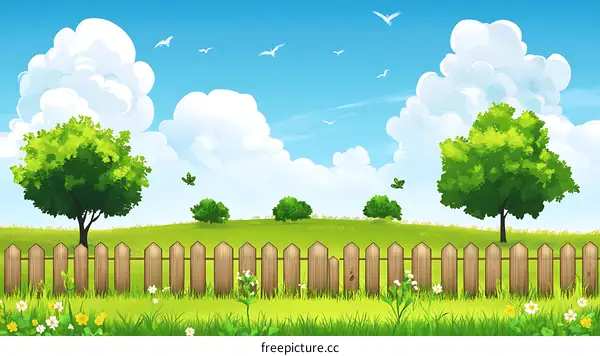 Summer Landscape With Wooden Fence and Green Grass