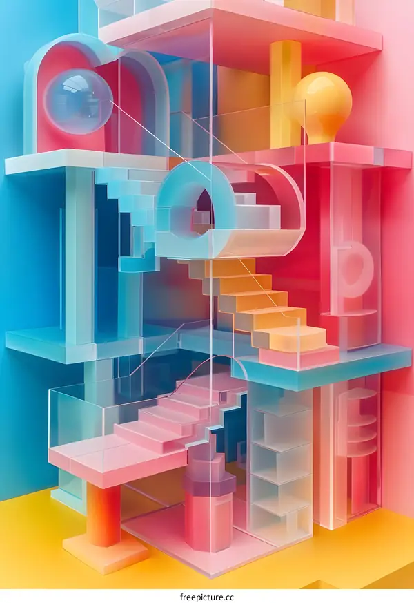 A 3D rendering of a colorful and geometric house