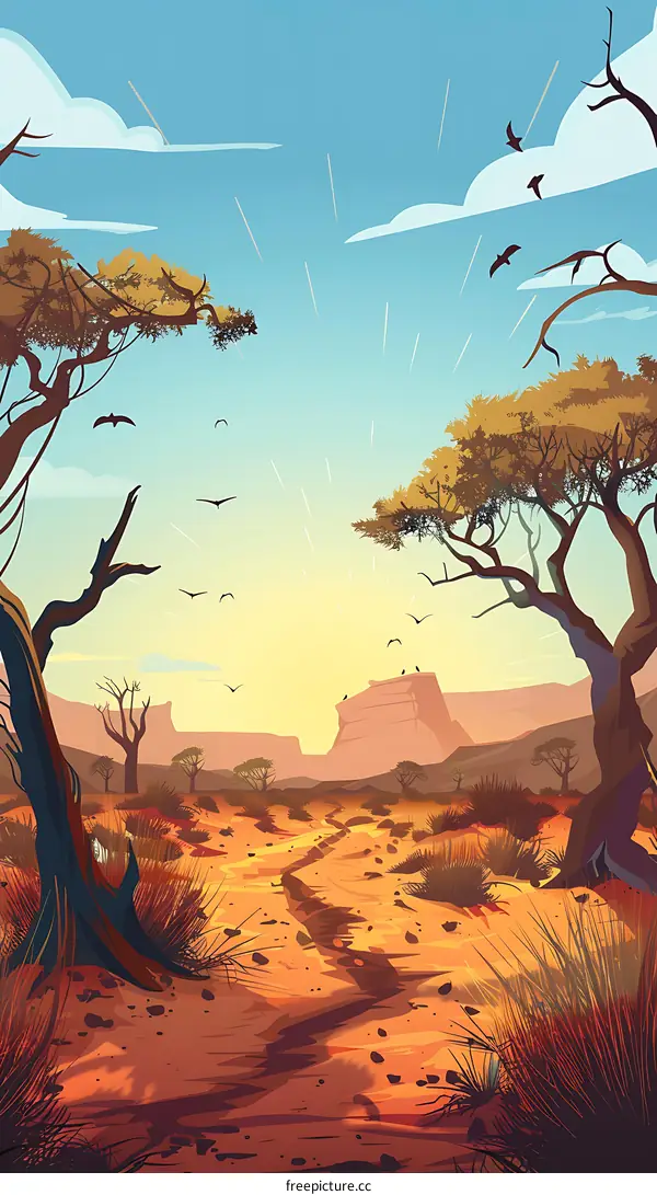 Desert Landscape with Trees and Birds