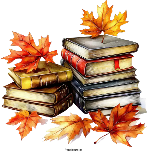 [Transparent Background PNG]Autumn Books and Leaves Illustration
