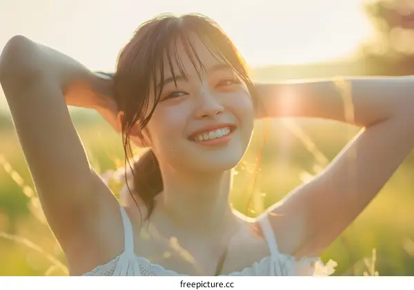 Woman in field with hands behind head