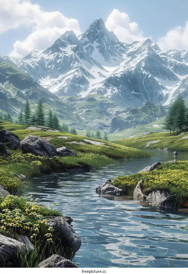 Majestic Mountain Landscape with River and Wildflowers