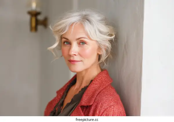 Elegant Senior Woman Portrait in a Cozy Red Jacket