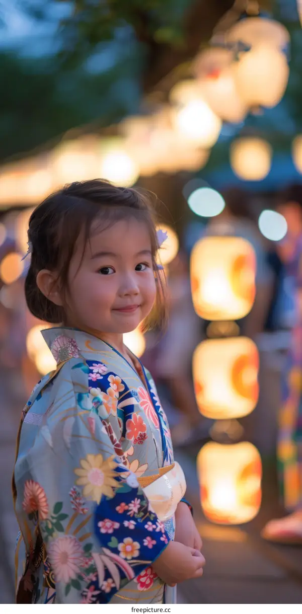 A young girl wearing a kimono smiles at the camera while standing in front of a row of paper lanterns.