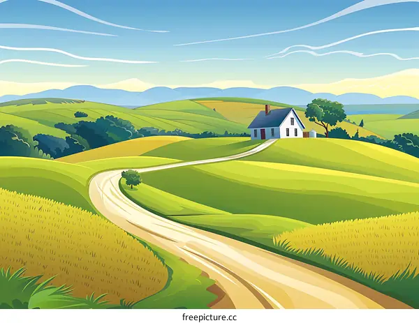 Beautiful Countryside Landscape With Winding Road And House