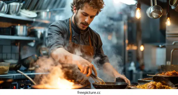 Young male chef cooking in a commercial kitchen