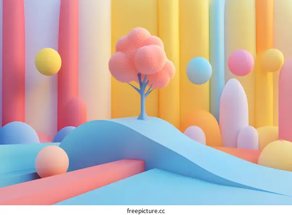 Abstract 3D Illustration of a Pink Tree on a Blue Hill with Colorful Background