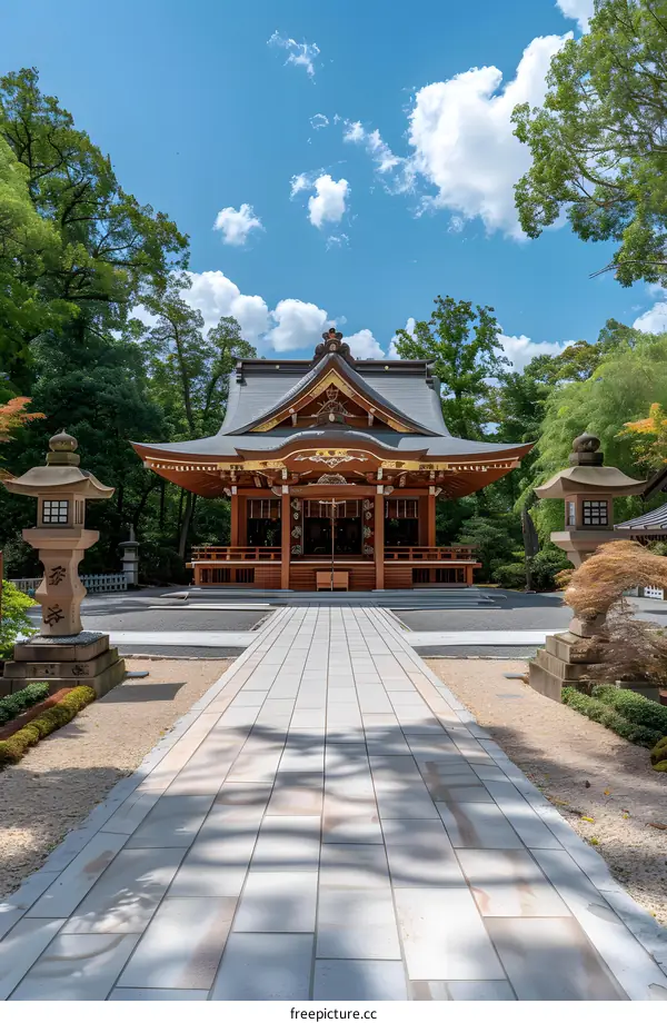 Traditional Japanese Shrine with Stone Lanterns and Pathway