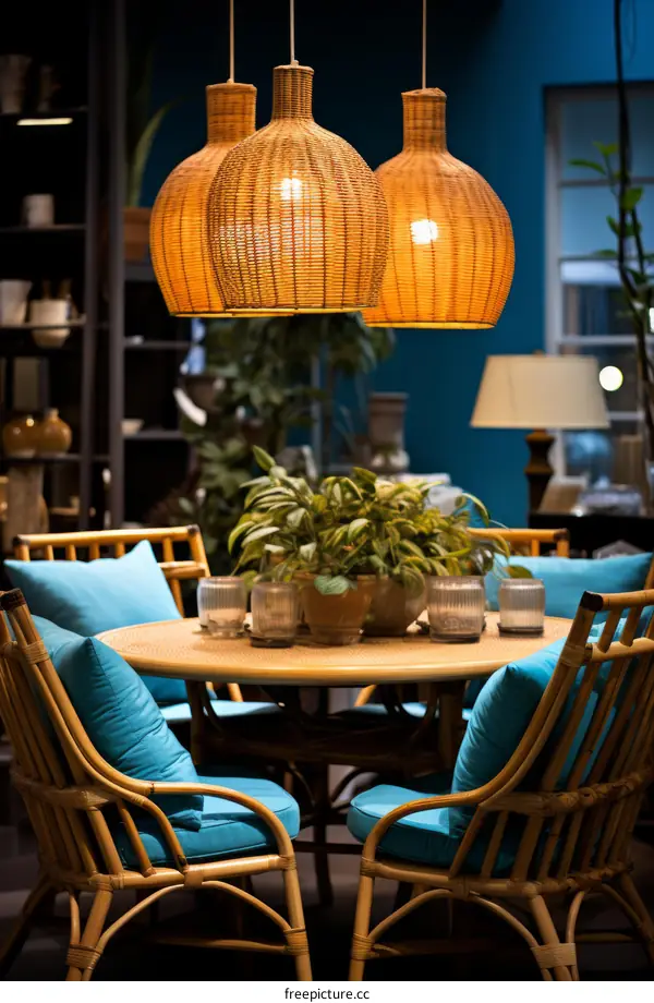 A dining room with a round table and four chairs