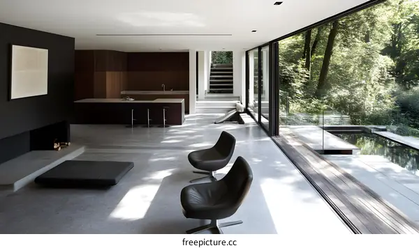 Modern Living Room with Large Windows and Minimalist Design