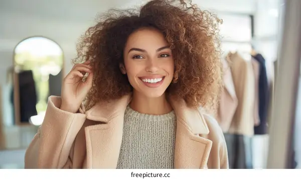 Woman in a Beige Coat Smiling Confidently
