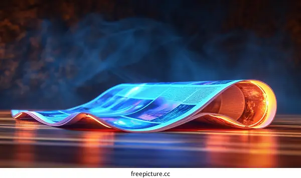 A magazine with a glowing blue cover laying on a wooden table
