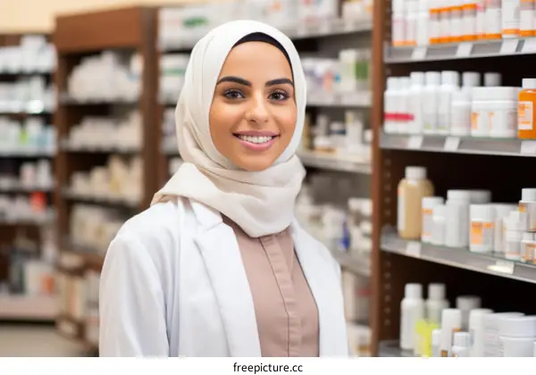A female pharmacist wearing a white coat and a brown hijab is standing in a pharmacy.