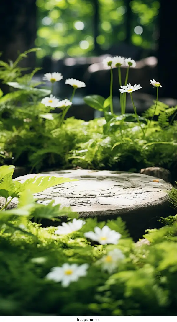 Close-up of daisies and ferns in the forest
