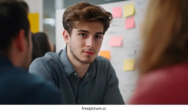 Young Man Listening to Colleagues in a Meeting