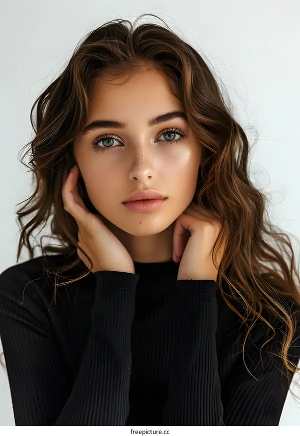 portrait of a beautiful young woman with freckles and green eyes