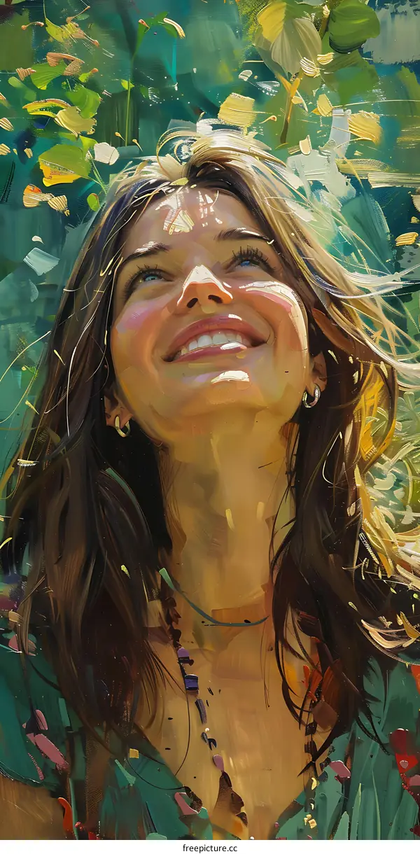 Portrait Painting of a Woman with Long Brown Hair Smiling